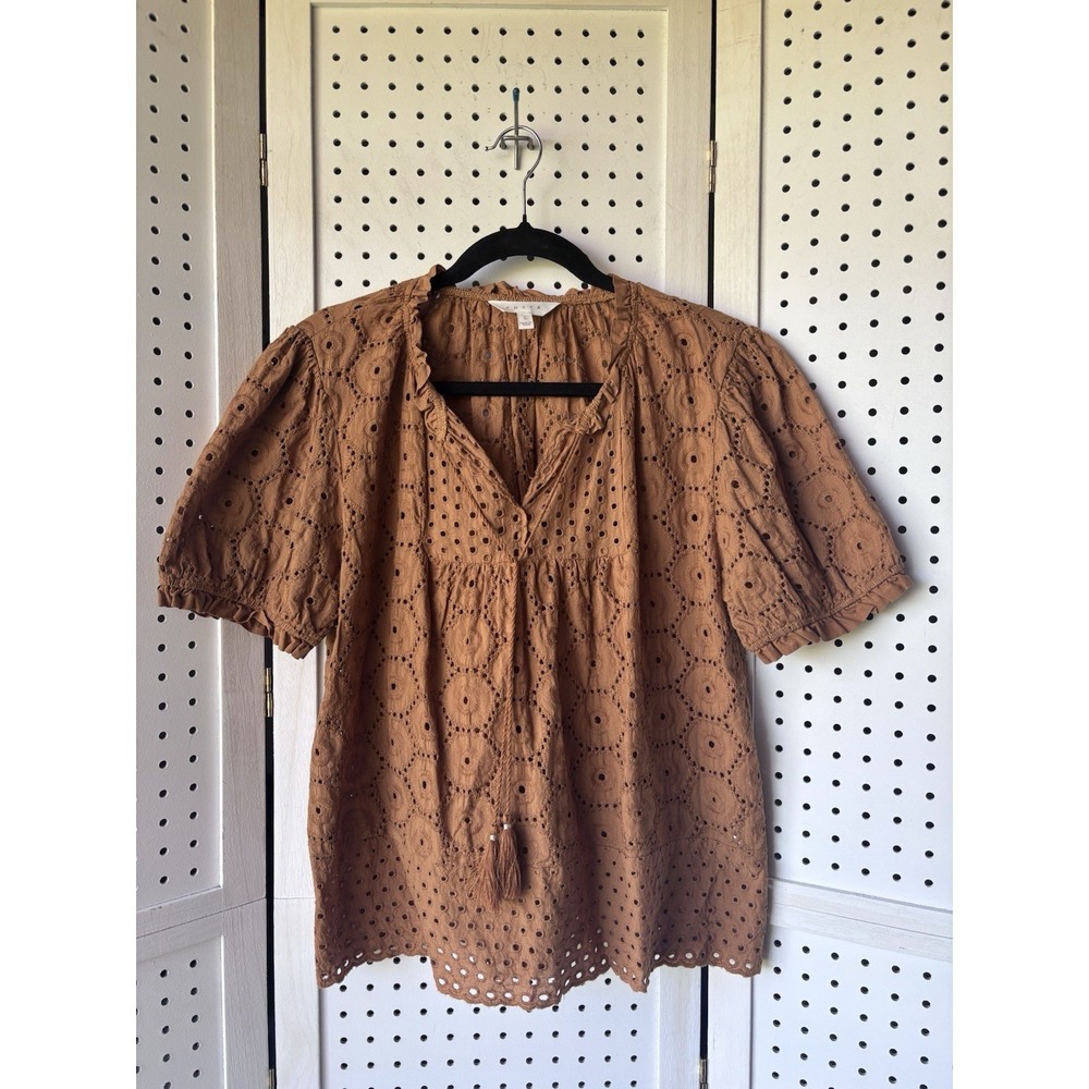 Adiva Women's Lg Short SLV Eyelet Boho Tassel Blouse Cotton Brown